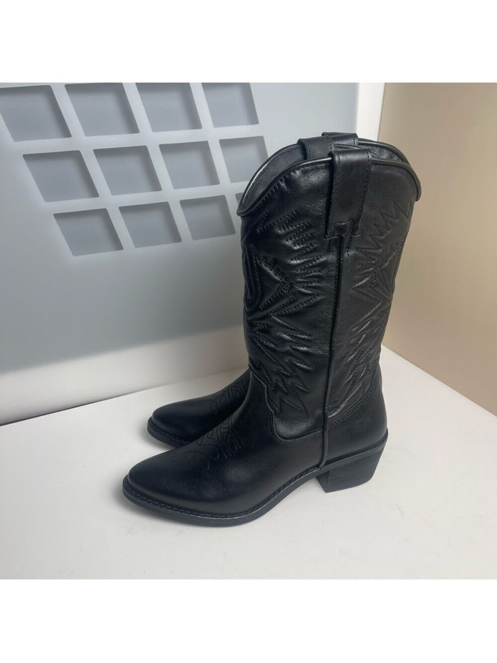 Steve Madden HAYWARD BLACK LEATHER boots Western Cowboy Boots Cowgirl Sz 6.5 - Picture 9 of 12